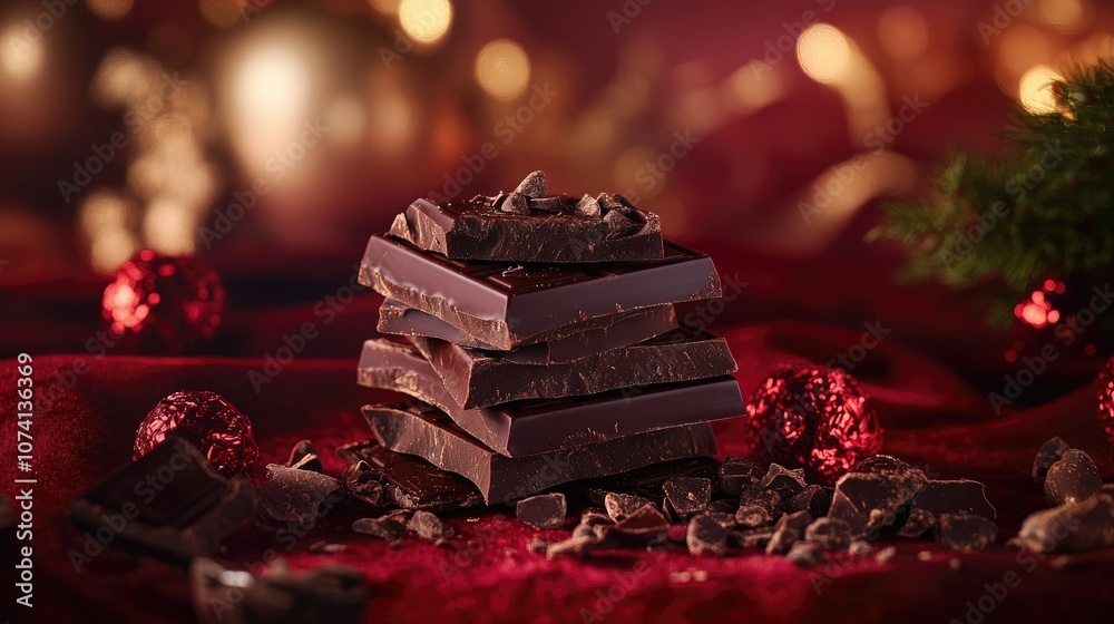 Poster a stack of perfectly cut dark chocolate on luxurious velvet, with rich textures and soft lighting cr