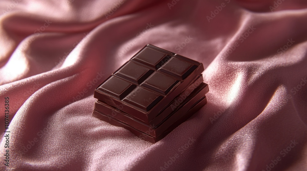 Poster a stack of premium dark chocolate resting on a plush velvet surface, with soft shadows and highlight