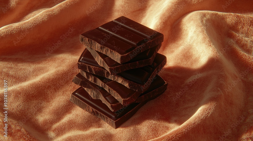 Poster a stack of premium dark chocolate resting on a plush velvet surface, with soft shadows and highlight