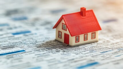Miniature House Model on a Document with Financial Data, Symbolizing Real Estate Investment and Housing Market Trends for Buyers and Investors