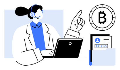 Customer service agent with headset points upward beside Bitcoin symbol, laptop, and user profiles folder. Ideal for fintech, customer service, cryptocurrency, digital communication, remote work