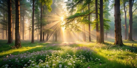 Obraz premium Serene Clearing in a Misty Forest with Sunlight Filtering Through the Trees Creating a Magical Atmosphere of Nature's Tranquility and Beauty