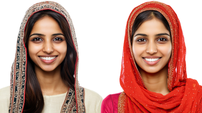 Smiling Indian Women in Colorful Attire on a Transparent Background Generative AI