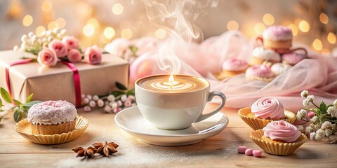 Fototapeta premium Serene Coffee Experience: A Long Exposure of a Steaming Cup with Latte Art Surrounded by Pink and Cream Sweet Treats and Thoughtful Gifts for Cozy Moments