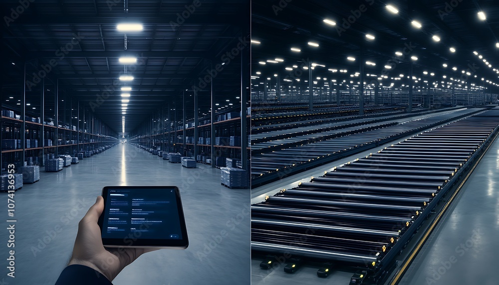 Leinwandbilder A person holds a device in a vast, dimly lit warehouse, showcasing automated systems or inventory management with organized rows of items.