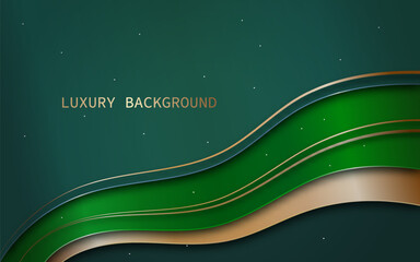Luxury green background with gold curve line,  abstract wavy overlay, and layered shadow gradient. Vector illustration