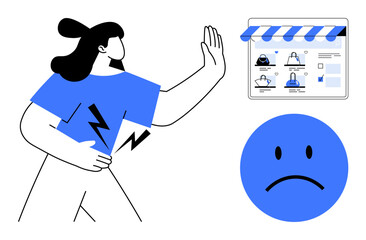 Woman raises hand to stop while holding her side with electric shock symbols. Sad face and online profiles. Ideal for cybersecurity, online safety, digital awareness, fraud prevention, user