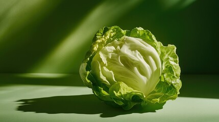Obraz premium A whole iceberg lettuce on a fresh green background, emphasizing the crisp, refreshing nature of the vegetable
