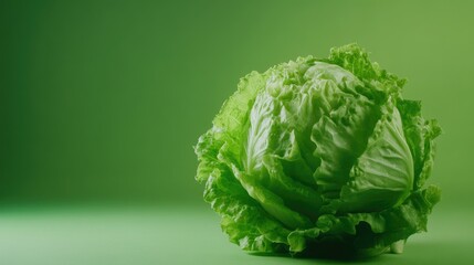 Fototapeta premium A whole iceberg lettuce on a fresh green background, emphasizing the crisp, refreshing nature of the vegetable