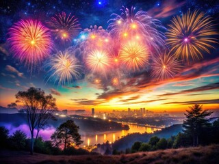 Captivating Double Exposure of Fireworks and Night Sky for Stunning Visuals