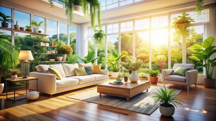 Fototapeta premium Bright Living Room with Natural Light, Minimalist Decor, and Serene Ambiance - Perfect for Cozy Home Inspiration