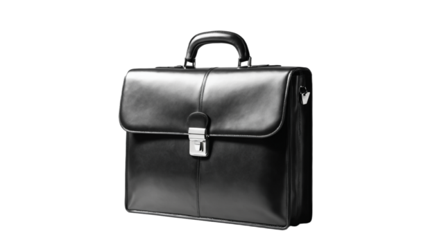 Classic Black Leather Office Bag with Sleek Design on Transparent Background