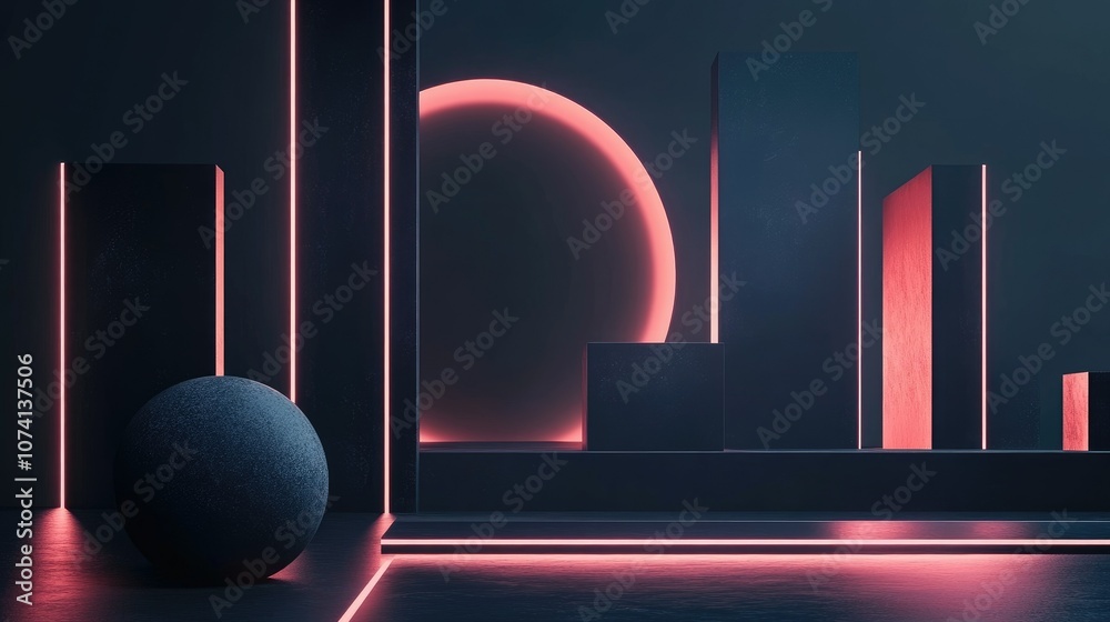 Poster An abstract 3D rendering of geometric shapes and blocks, with a dark background and soft glowing lines creating depth and contrast