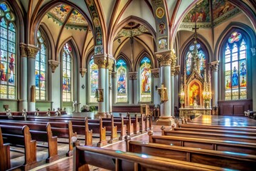Serene Interior of a Catholic Church Showcasing Stunning Architecture and Sacred Elements with Beautiful Stained Glass Windows and Majestic Altars for Spiritual Reflection