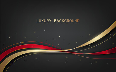 Abstract luxury 3d red and gold ribbon wave on a dark background with light and glitter effect