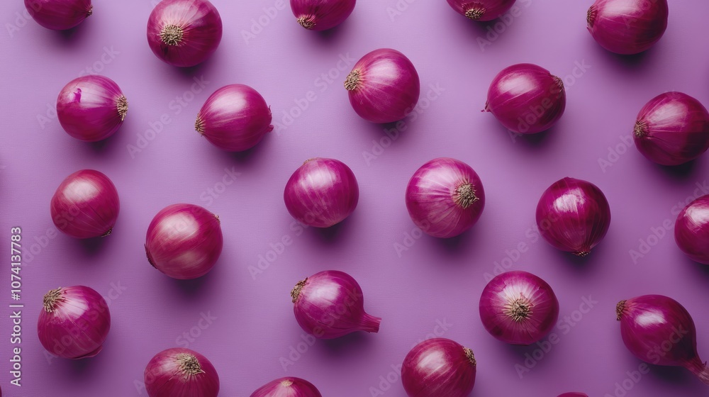Poster artistic flat lay of red onions placed on a purple background, emphasizing their texture and rich co