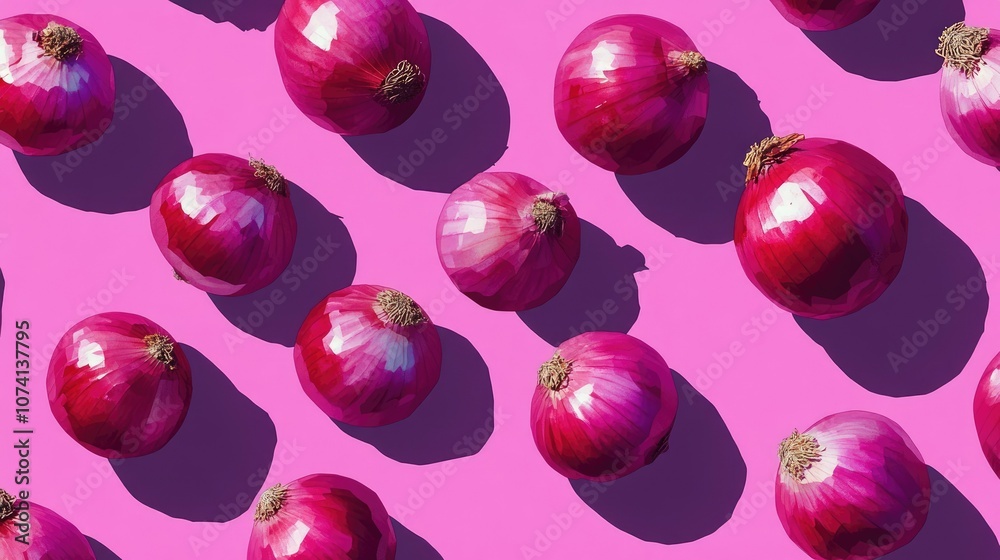 Poster artistic flat lay of red onions placed on a purple background, emphasizing their texture and rich co
