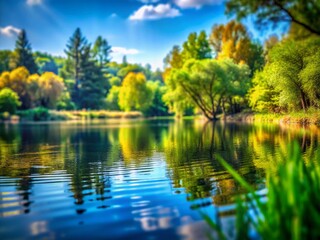 Obraz premium Serene Lake Reflections with Ripples and Plant Material Captured in Tilt-Shift Photography, Showcasing Nature's Beauty and Tranquility in Vibrant Colors
