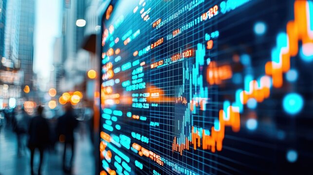 Abstract financial data visualization with stock market trends on digital display.