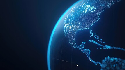 Naklejka premium Detailed view of Earth with glowing cities at night on a dark background.