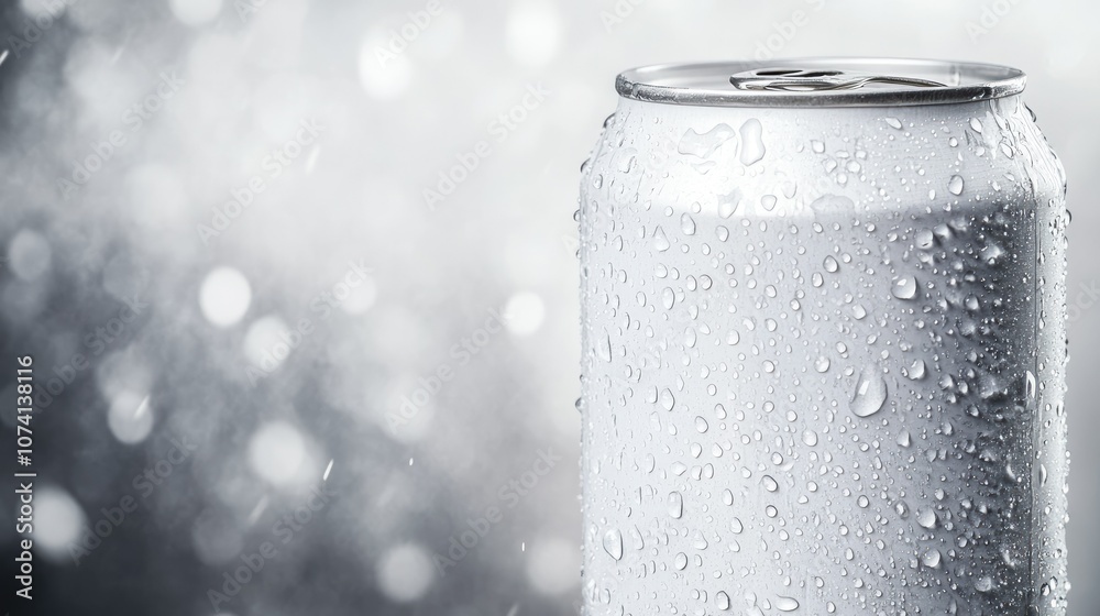 Poster blank white soda can with condensation and water droplets splashing off, isolated on a light backdro