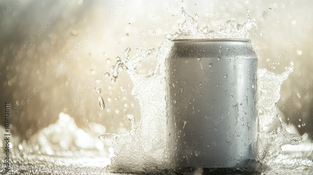 Poster blank white soda can with condensation and water droplets splashing off, isolated on a light backdro