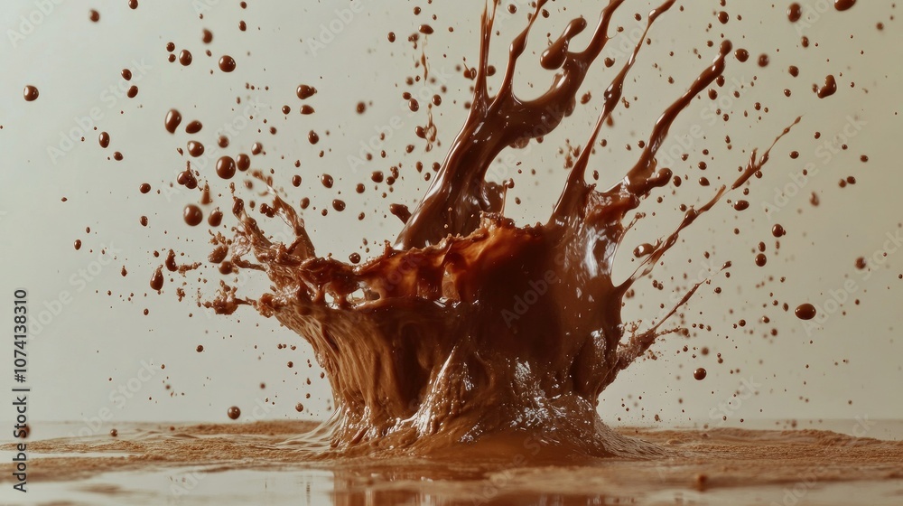 Poster captivating image of chocolate sauce splashing dramatically, droplets flying in every direction, set