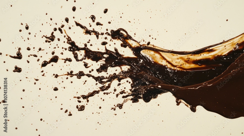 Poster Captivating image of chocolate sauce splashing dramatically, droplets flying in every direction, set against a neutral backdrop for maximum impact