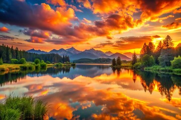 Naklejka premium Serene Landscape with Orange Watercolor Hues at Sunset, Capturing the Beauty of Nature in Warm Tones and Soft Brush Strokes for Tranquil and Relaxing Ambience