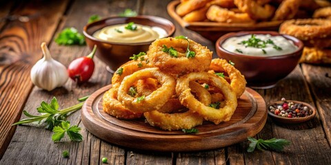 Closeup of Golden Crispy Onion Rings with Seasonings and Creamy Dipping Sauce in Rustic Low Light Setting