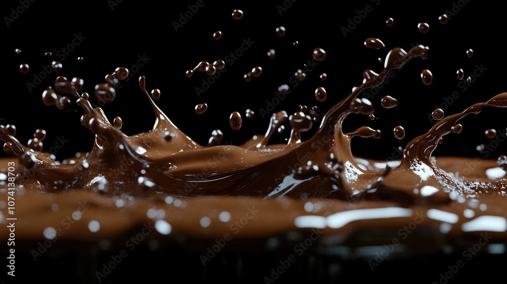 Poster Close-up of a smooth chocolate splash with scattered droplets, frozen in time to create a luxurious and mouth-watering image