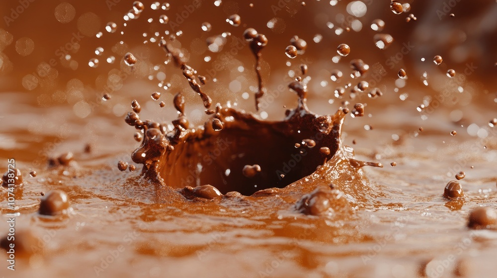Poster Close-up of a smooth chocolate splash with scattered droplets, frozen in time to create a luxurious and mouth-watering image