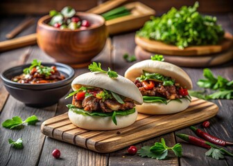 Delicious Bao Buns Filled with Pork on Vibrant Background with Hoisin Sauce and Fresh Herbs - Minimalist Food Photography