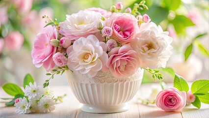 Delicate Pink and White Flower Bouquet in a White Vase - Macro Photography of Floral Elegance, Nature's Beauty, Home Decor Inspiration, Floral Arrangement, Spring Blooms, and More