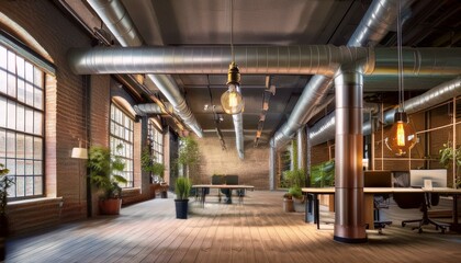 Exposed Pipes and Edison Bulb Lighting in an Industrial-Themed Office Space