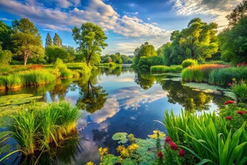 Fototapeta premium Serene Lush Wetland in Summer with Vibrant Greenery and Diverse Flora, Reflecting Tranquil Waterscape Under Clear Blue Sky, Natural Habitat for Wildlife and Biodiversity