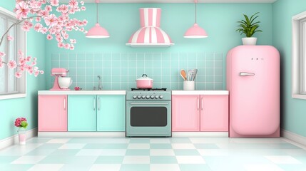 Obraz premium Bright and Cheerful Retro Kitchen Design with Pastel Colors, Elegant Fixtures, Floral Accents, and Vintage Appliances for a Cozy Home Atmosphere