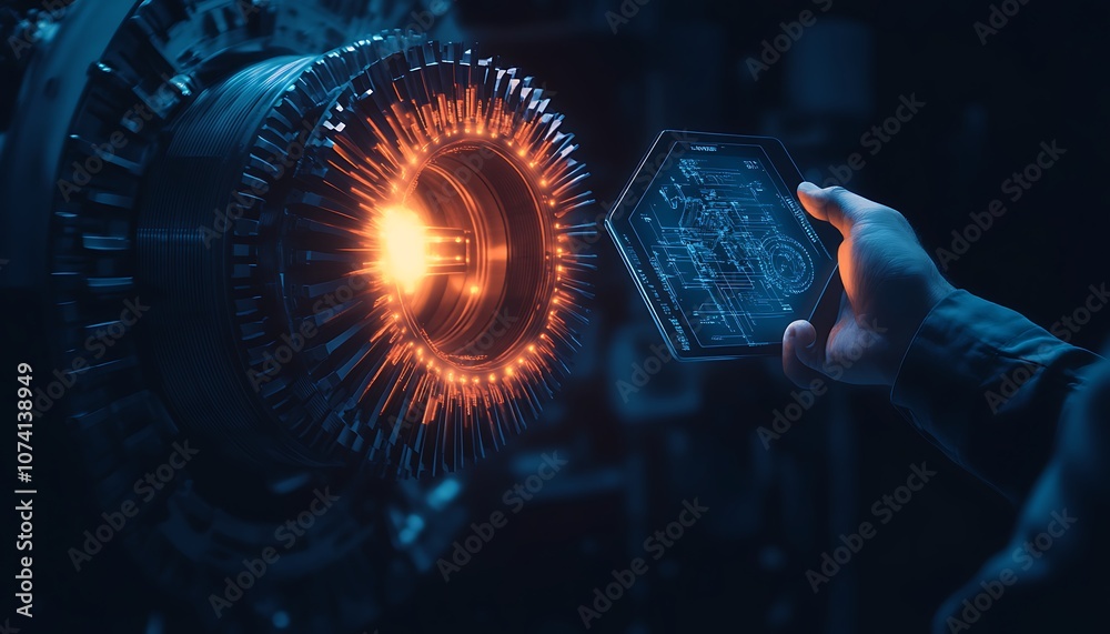 Poster A futuristic scene showing a hand holding a digital interface near a glowing mechanical device, highlighting the fusion of technology and innovation.