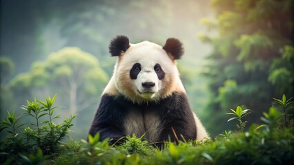 Obraz premium Serene Minimalist Photography of a Giant Panda in a Tranquil Natural Setting, Emphasizing Simplicity and Elegance in Nature's Harmony