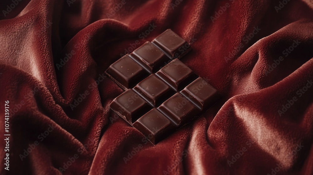 Poster dark chocolate squares arranged elegantly on a velvet fabric, creating a luxurious and inviting food
