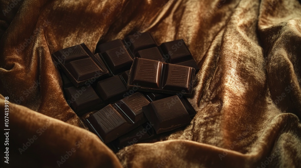 Poster dark chocolate squares arranged elegantly on a velvet fabric, creating a luxurious and inviting food