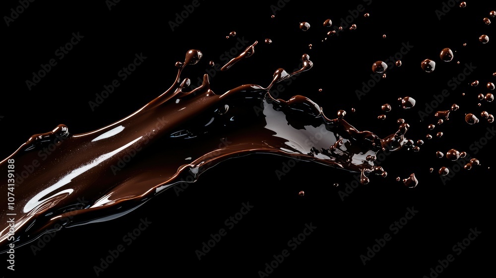 Poster dark, glossy chocolate splashing dynamically, with droplets suspended in mid-air, isolated on a clea