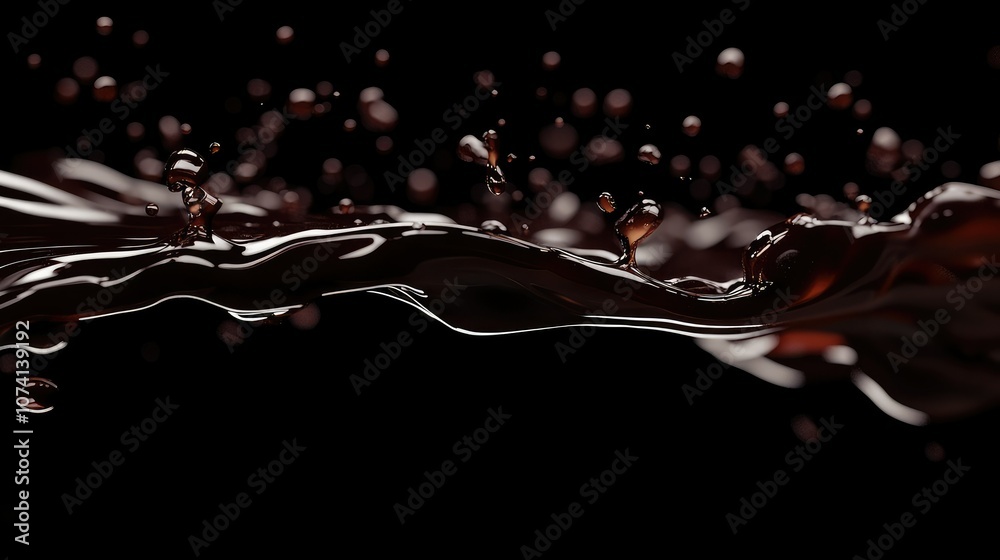 Poster Dark, glossy chocolate splashing dynamically, with droplets suspended in mid-air, isolated on a clean, modern backdrop to emphasize richness