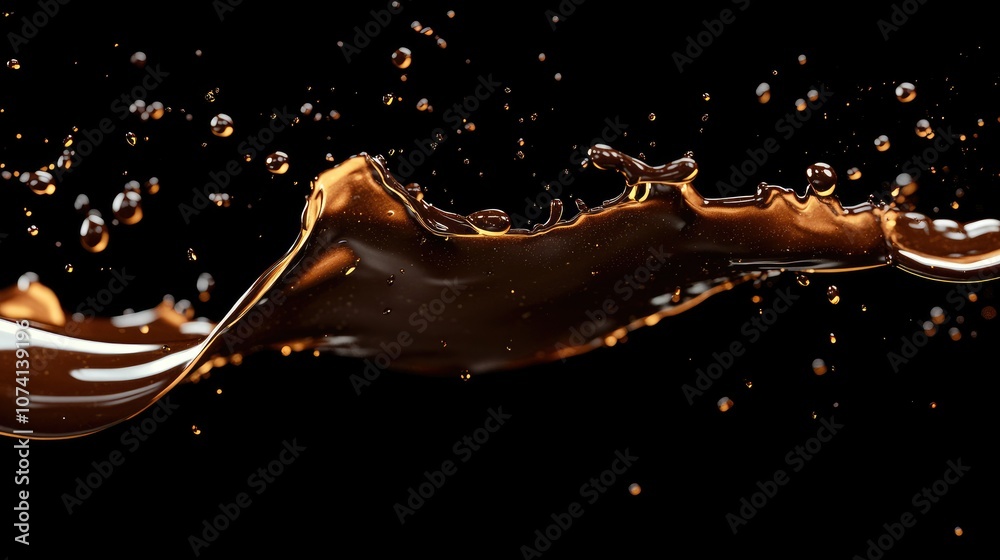 Poster dark, glossy chocolate splashing dynamically, with droplets suspended in mid-air, isolated on a clea