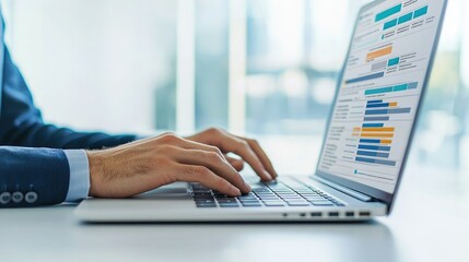 A person typing on a laptop, analyzing data displayed in colorful graphs and charts in a bright, modern workspace.