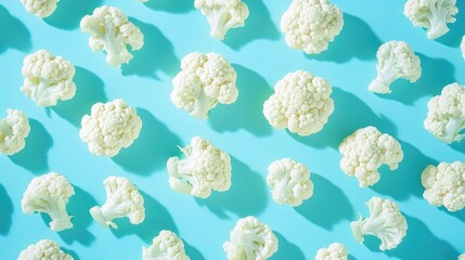 Fresh cauliflower arranged on a vibrant blue background, highlighting the intricate florets against a colorful backdrop