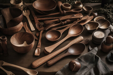 Table full of wooden spoons and bowls.