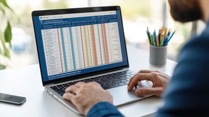 A person works on a laptop displaying a spreadsheet, focusing on data analysis in a bright, organized workspace with stationery.