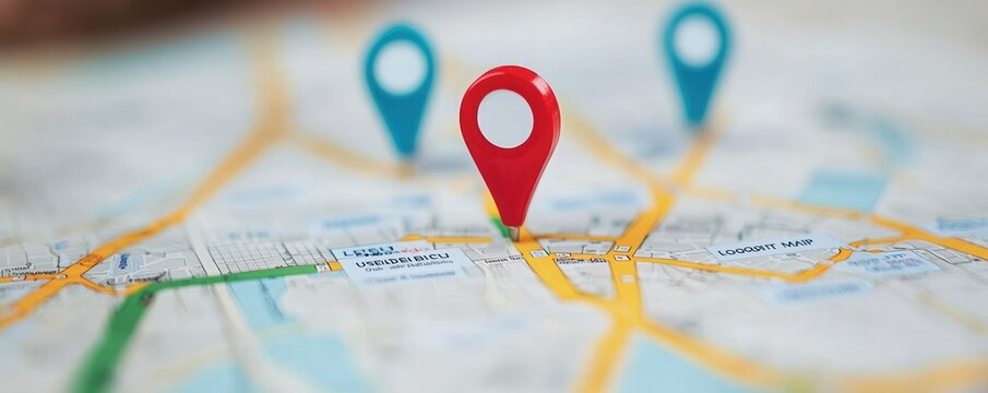 A close-up of a map featuring location pins, highlighting navigation and points of interest for easy identification of places.