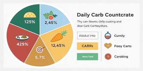 Fototapeta premium Carb Counting Tool A straightforward carb counting tool displaying a pie chart that breaks down daily carbohydrate intake. Icons represent different food types and theres an easy